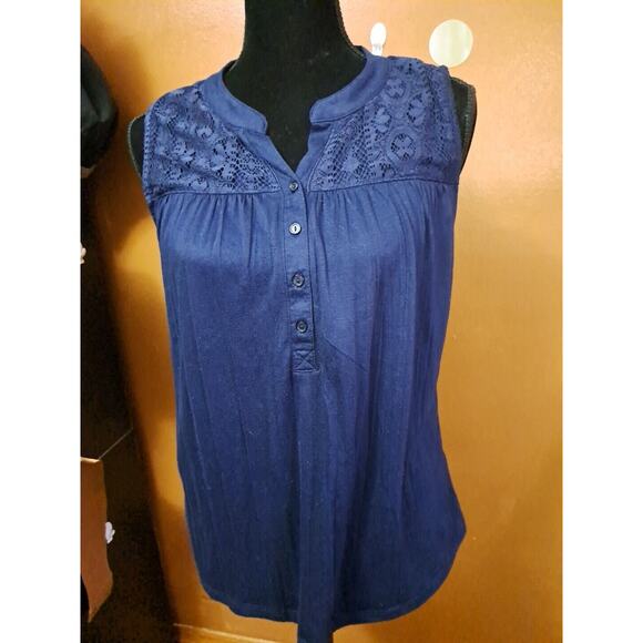 BYdesign Navy Blue Size XL Henley Style Lace Shoulders Women's Button Front - Picture 1 of 8